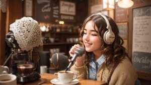 A girl laughing in a podcast