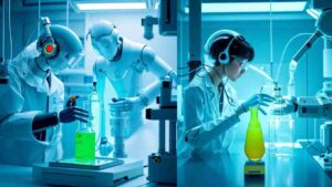 An image of AI robots helping lab technicians