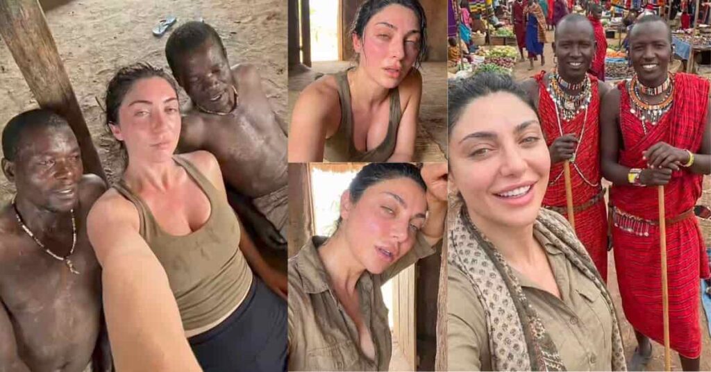 White woman touring Africa and meeting some men from different tribes.